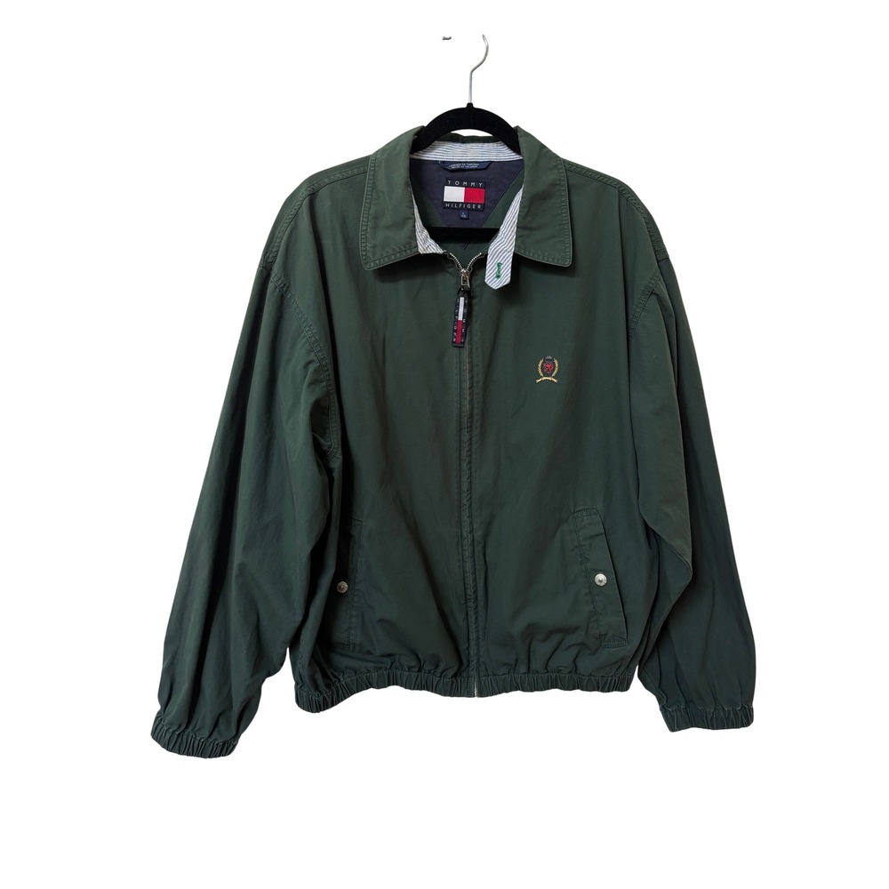 Tommy Hilfiger Vintage Harrington Jacket Mens Large Green Crest Logo Full Zip